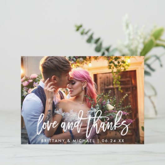 Moderne Liebe für Pinsel dank Foto Hochzeit Dankeskarte (Stehend Vorderseite)