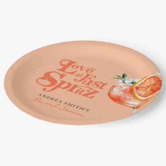 Moderne Liebe im First Spritz Retro Brautparty Pappteller (Schrägansicht)