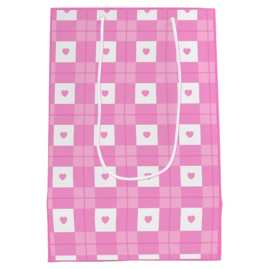 Moderne Liebe Kariert rosa Herzenskollektion Mittlere Geschenktüte (Rückseite)