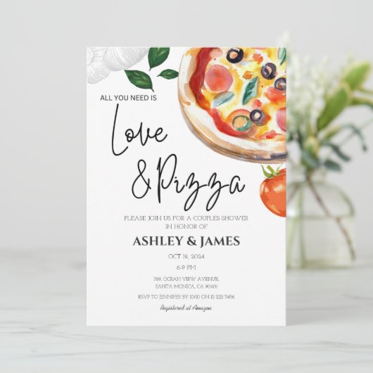 Moderne Liebe & Pizza Paare Hochzeit Brautparty Einladung (Stehend Vorderseite)