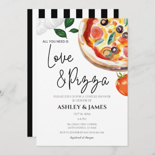 Moderne Liebe & Pizza Paare Hochzeit Brautparty Einladung (Vorne/Hinten)