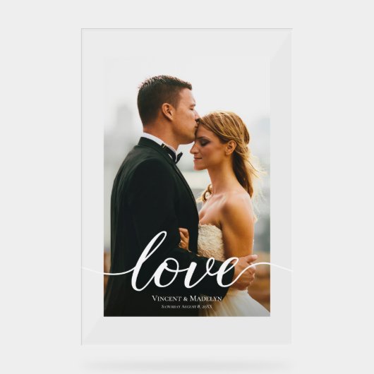 Moderne Liebe Script Custom Foto Akryllische Hochz Acrylschild (Vorderseite)