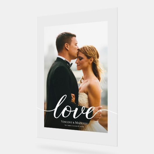 Moderne Liebe Script Custom Foto Akryllische Hochz Acrylschild (Winkel)