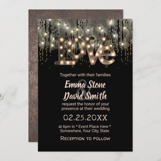 Moderne Liebe Sign & String Lights Hochzeit Einladung (Vorne/Hinten)