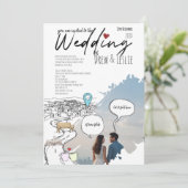 Moderne Liebe Story Timeline Illustriert Hochzeit Einladung (Stehend Vorderseite)