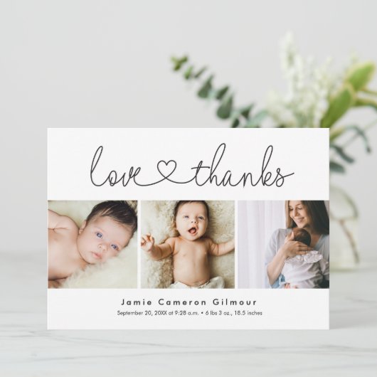 Moderne Liebe und dank Herzensschrift 3 Baby-Fotos Dankeskarte (Stehend Vorderseite)