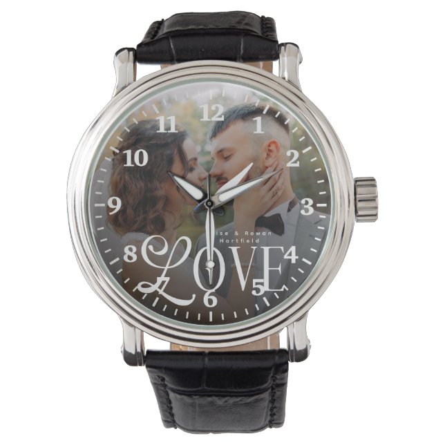 Moderne Liebes-Hochzeitsfoto-Paar-Monogramm Armbanduhr (Vorderseite)