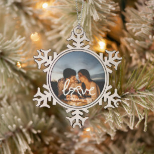 Moderne Liebes-Schleifen-Typografie-Paar-Foto-Uhr Schneeflocken Zinn-Ornament