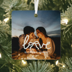 Moderne Liebes-Schleifen-Typografie-Paar-Foto-Wat Ornament Aus Metall