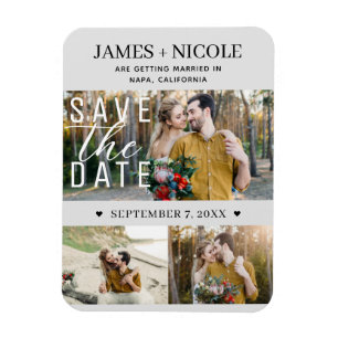 Moderne Light Grey Hochzeitstermin-Karten mit 3 Fo Magnet