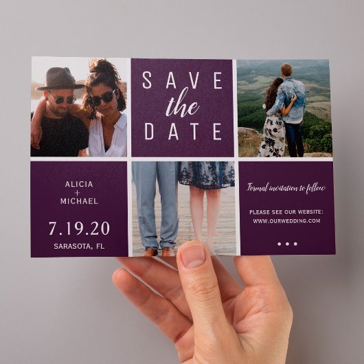 Moderne lila 3-Foto Collage Hochzeit Save The Date