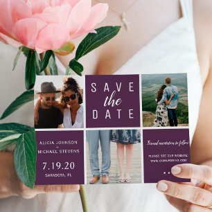 Moderne lila 3-Foto Collage Hochzeit Save The Date