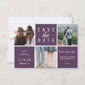 Moderne lila 3-Foto Collage Hochzeit Save The Date (Vorderseite)