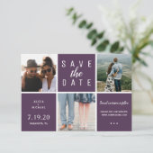 Moderne lila 3-Foto Collage Hochzeit Save The Date (Stehend Vorderseite)