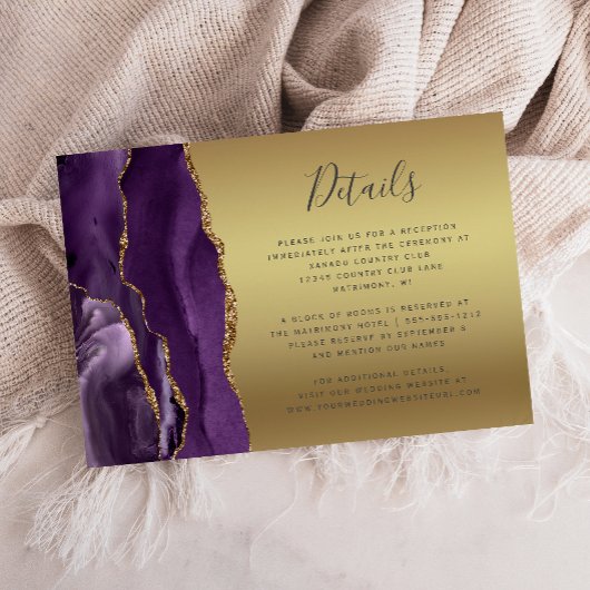 Moderne Lila Agate Gold Glam Foil Wedding Details Begleitkarte
