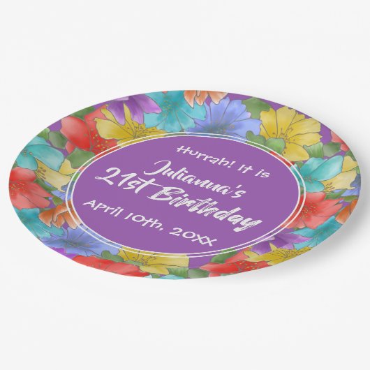 Moderne Lila Aquarellblume 21. Geburtstag Pappteller (Schrägansicht)