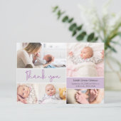 Moderne Lila Baby Girl Custom Foto Collage Dankeskarte (Stehend Vorderseite)