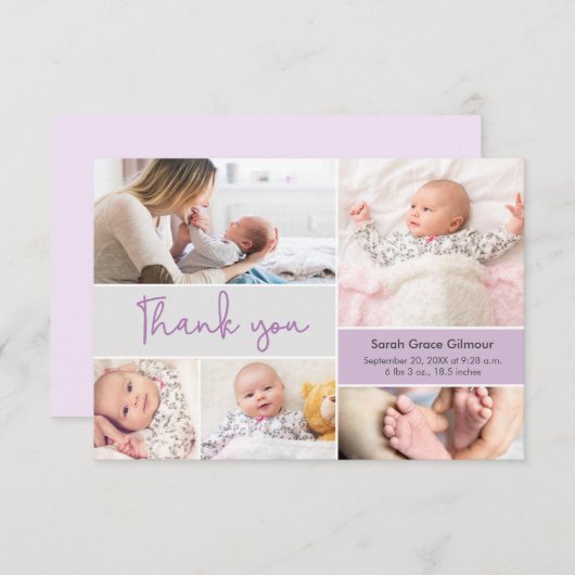 Moderne Lila Baby Girl Custom Foto Collage Dankeskarte (Vorne/Hinten)