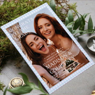 Moderne Lila Blue Gingham Foto Graduation Party Einladung