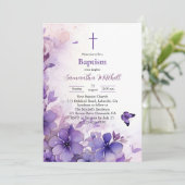 Moderne Lila Blume Taufe Einladung (Stehend Vorderseite)