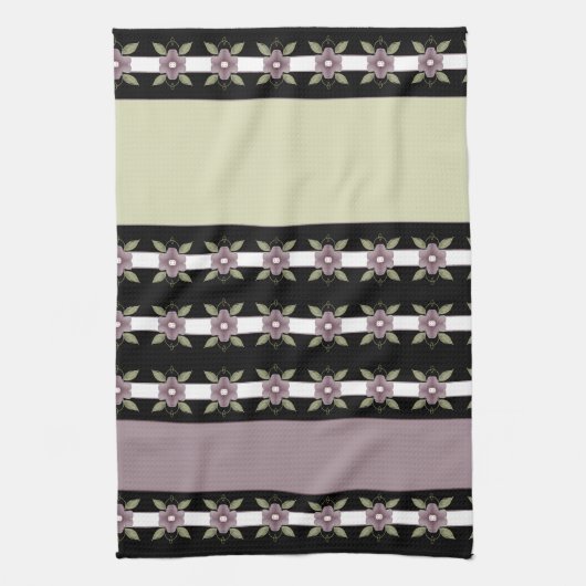 Moderne lila Blumen und Streifen Geschirrtuch (Vertikal)