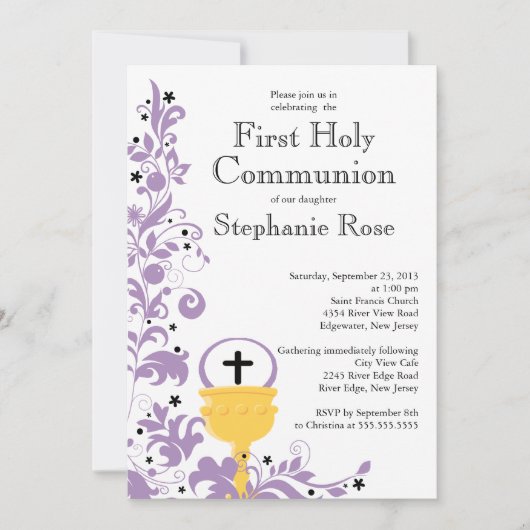 Moderne lila Blumenerste heilige Kommunion Einladung (Vorderseite)