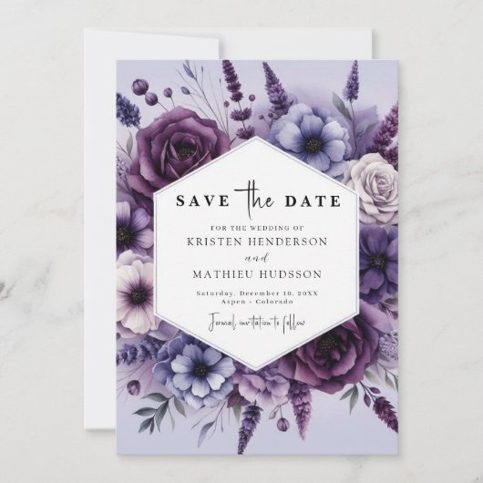 Moderne Lila Blumenhochzeit Save The Date (Vorderseite)