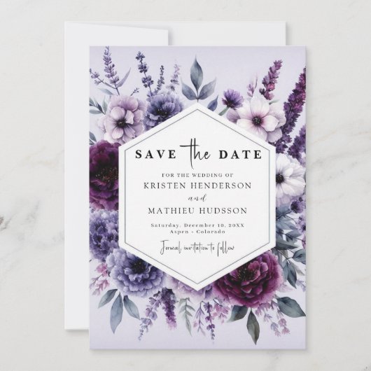 Moderne Lila Blumenhochzeit Save The Date (Vorderseite)