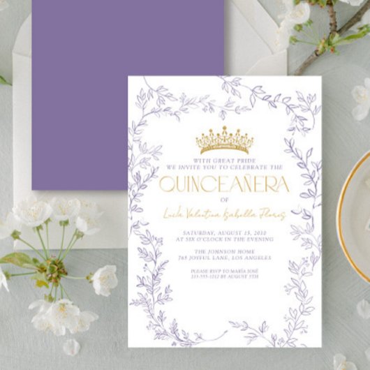 Moderne Lila botanische Quinceñera aus Gold Einladung