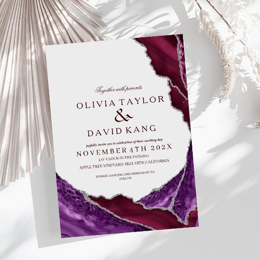 Moderne Lila & Burgund Silver Agate Wedding Einladung