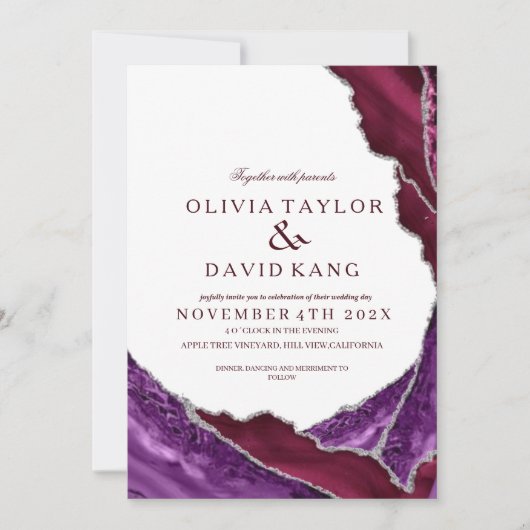 Moderne Lila & Burgund Silver Agate Wedding Einladung (Vorderseite)