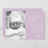 Moderne Lila Cross Girl Foto Taufe Einladung (Vorne/Hinten)