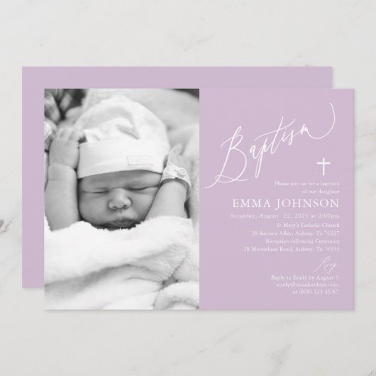 Moderne Lila Cross Girl Foto Taufe Einladung (Vorne/Hinten)