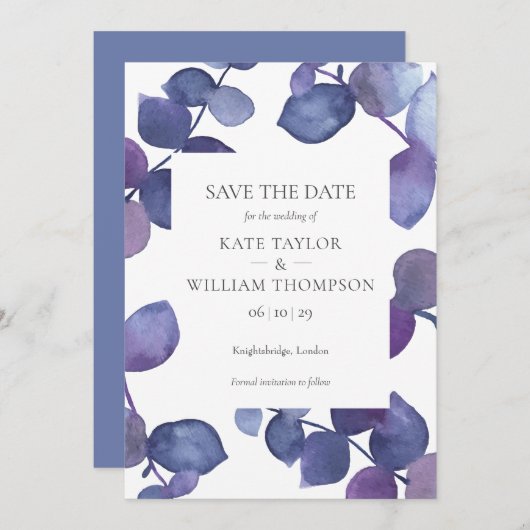 Moderne Lila Eukalyptus-Blätter Save the Date Einladung (Vorne/Hinten)