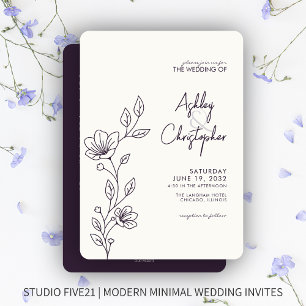 Moderne Lila Foliage Kontur All-in-One Hochzeit Einladung