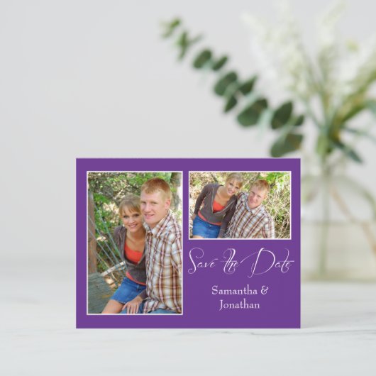Moderne Lila FotoCollage Save the Date Ankündigungspostkarte (Stehend Vorderseite)
