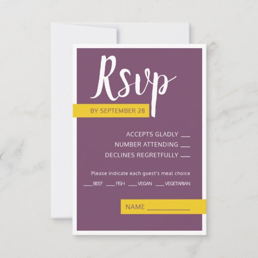 Moderne lila-gelbe Hochzeit minimal RSVP Karte (Vorderseite)