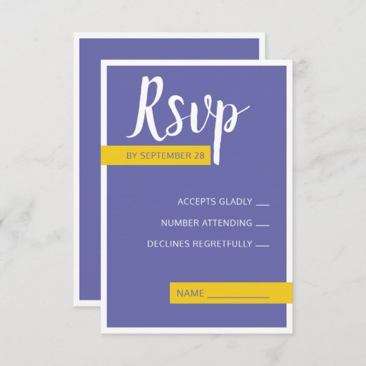 Moderne lila-gelbe Hochzeit minimal RSVP Karte (Vorne/Hinten)