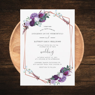 Moderne lila geometrische Roségold Blumen Hochzeit Einladung