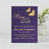 Moderne, Lila Glitzer- und Goldschmetterlinge Save The Date (Stehend Vorderseite)