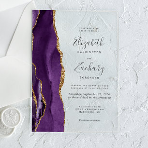 Moderne lila Gold-Achat-Hochzeit Acryleinladungen
