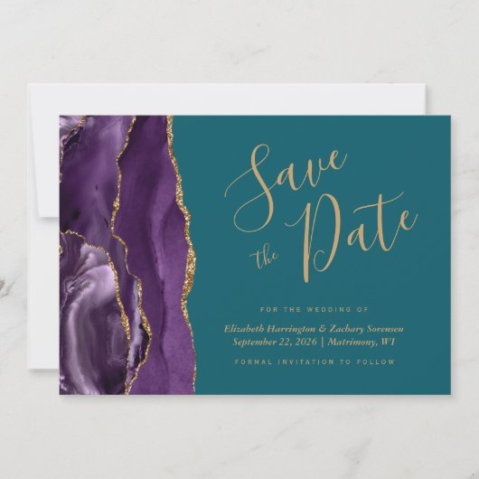 Moderne Lila Gold Agate Aquamarin Save the Date Ca (Vorderseite)
