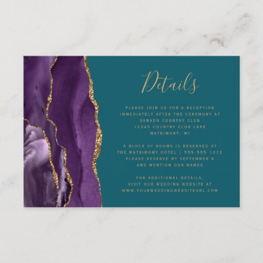 Moderne Lila Gold Agate Aquamarine Hochzeitdetails Begleitkarte (Vorderseite)