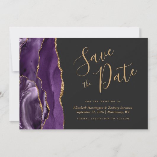 Moderne Lila Gold Agate Dark Save the Date Card (Vorderseite)