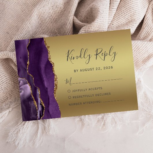 Moderne Lila Gold Agate Glam Wedding RSVP Card