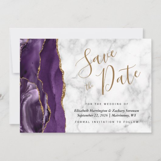 Moderne Lila Gold Agate Marble Save the Date Card Einladung (Vorderseite)
