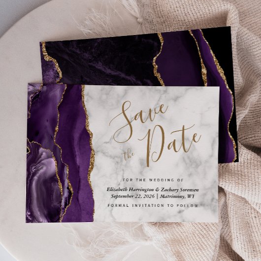 Moderne Lila Gold Agate Marble Save the Date Card Einladung