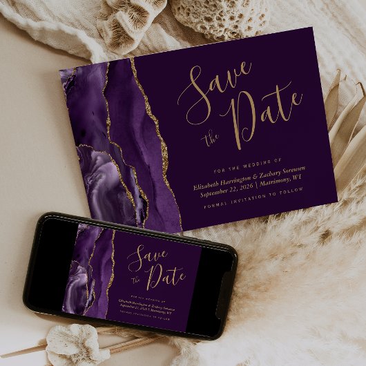 Moderne Lila Gold Agate Plum Save the Date Card