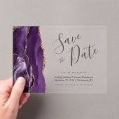Moderne Lila Gold Agate Save the Date Card Acryleinladungen (Insitu (Handheld))