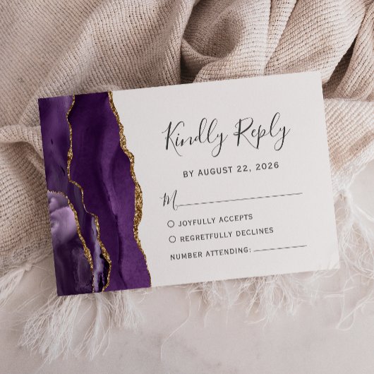 Moderne Lila Gold Agate Wedding RSVP Card